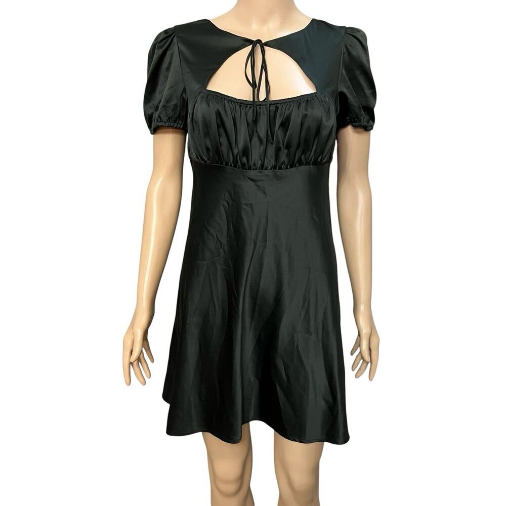 Sugar Thrillz Satin Babydoll Dress Small Mini Tied Neck Black Puff Sleeve Goth